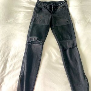 Black Guess jeans with leather patching on thighs, size 26